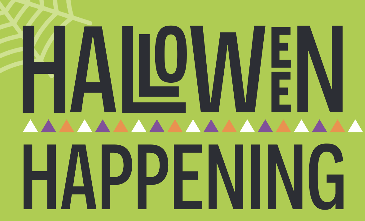 Halloween Happening text with colorful triangles and a spider web on a bright green background